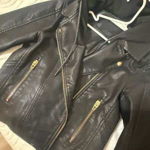 BLANKNYC Faux Leather Hooded (removable)Crop Moto Jacket -- Black & Gold